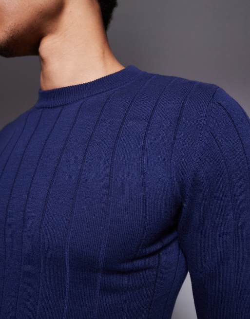 ASOS DESIGN muscle fit long sleeve rib knit t-shirt in navy, 5 of 5