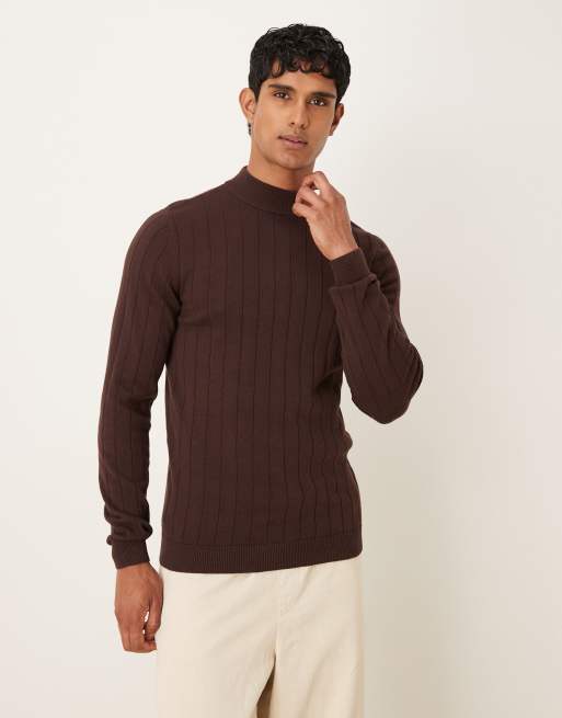 ASOS DESIGN muscle fit long sleeve rib knit turtle neck in brown