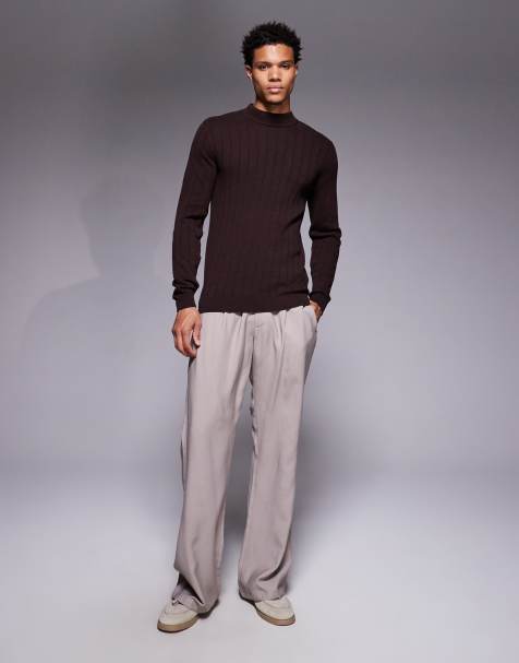 ASOS DESIGN muscle fit long sleeve rib knit turtle neck t-shirt in brown - view 1