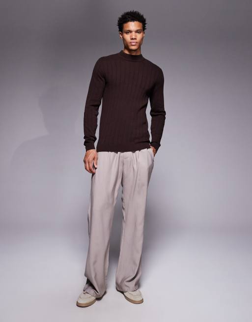 ASOS DESIGN muscle fit long sleeve rib knit turtle neck t-shirt in brown