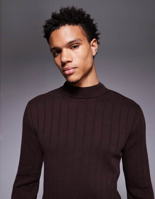ASOS DESIGN muscle fit long sleeve rib knit turtle neck t-shirt in brown