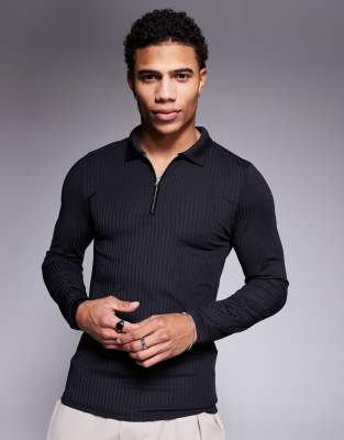 Asos Design Muscle Fit Long Sleeve Rib Polo In Black