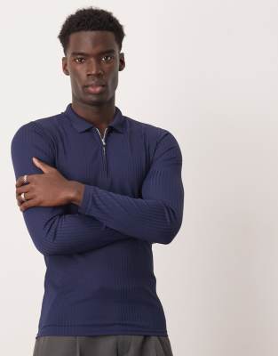 muscle fit long sleeve rib polo in navy