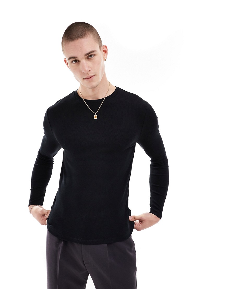 ASOS DESIGN muscle fit long sleeve rib t-shirt in black