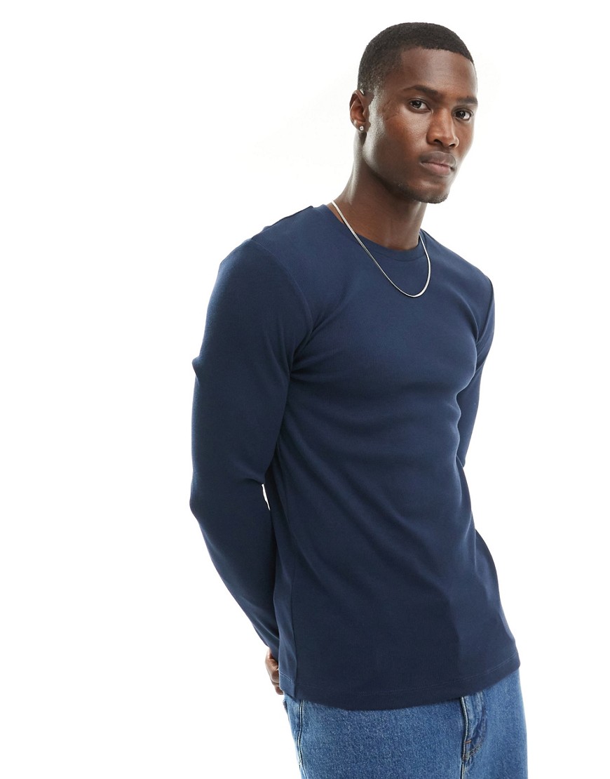 ASOS DESIGN muscle fit long sleeve rib t-shirt in navy