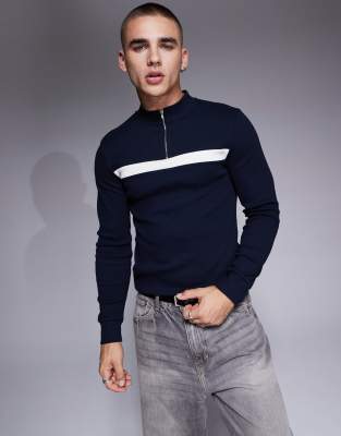 ASOS DESIGN ASOS DESIGN muscle fit long sleeve rib t-shirt with half zip in navy