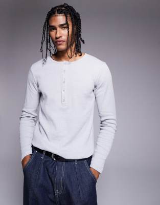 Asos Design Muscle Fit Long Sleeve Ribbed T-shirt With Henley Neck In Gray