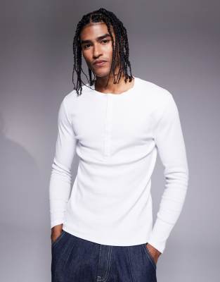 Asos Design Muscle Fit Long Sleeve Ribbed T-shirt With Henley Neck In White