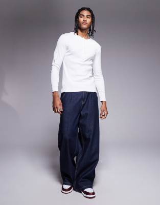 Asos Design Muscle Fit Long Sleeve Ribbed T-shirt With Henley Neck In White
