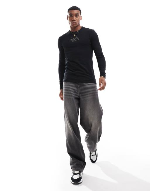 ASOS DESIGN muscle fit long sleeve shirt with tattoo front print in black, 4 of 4