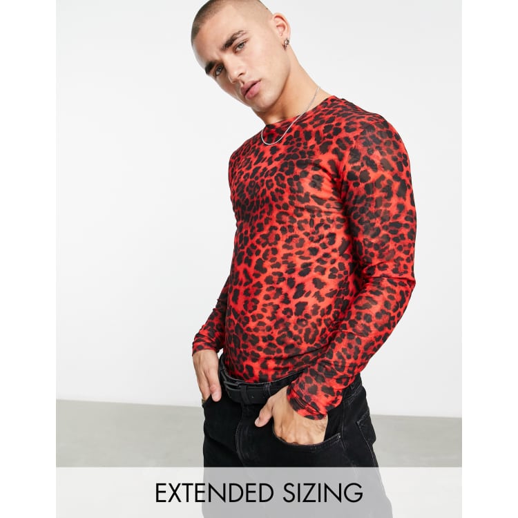 Red Mesh Printed Long Sleeve Top