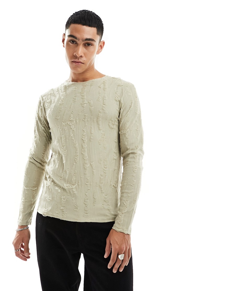 ASOS DESIGN muscle fit long sleeve t-shirt in beige distressed fabric-Neutral