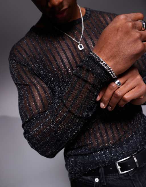 ASOS DESIGN muscle fit long sleeve t-shirt in black glitter mesh stripe, 2 of 4