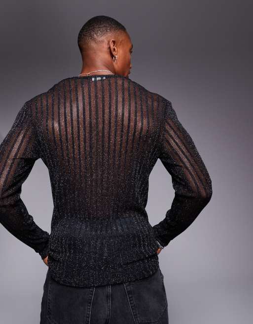 ASOS DESIGN muscle fit long sleeve t-shirt in black glitter mesh stripe, 4 of 4
