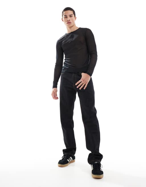 ASOS DESIGN muscle fit long sleeve t-shirt in black mesh with henley neck