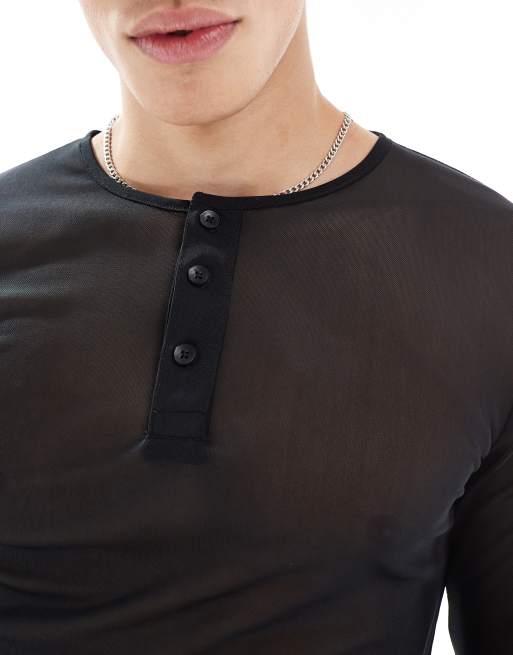 ASOS DESIGN muscle fit long sleeve t-shirt in black mesh with henley neck