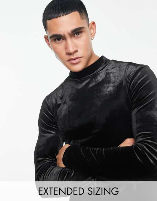 ASOS DESIGN muscle fit long sleeve t shirt in black velour with turtle neck