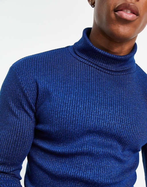 ASOS DESIGN muscle fit long sleeve t-shirt in blue metallic rib