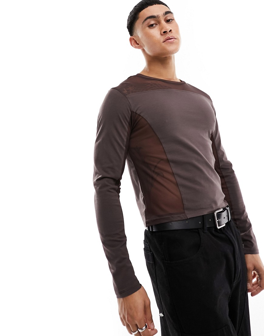 ASOS DESIGN muscle fit long sleeve t-shirt in brown mesh with cut and sew panels