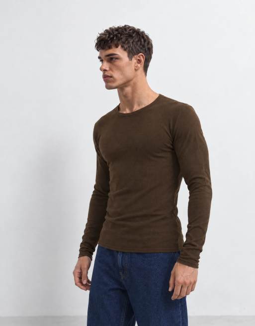 ASOS DESIGN muscle fit long sleeve t-shirt in brown rib, 7 of 10