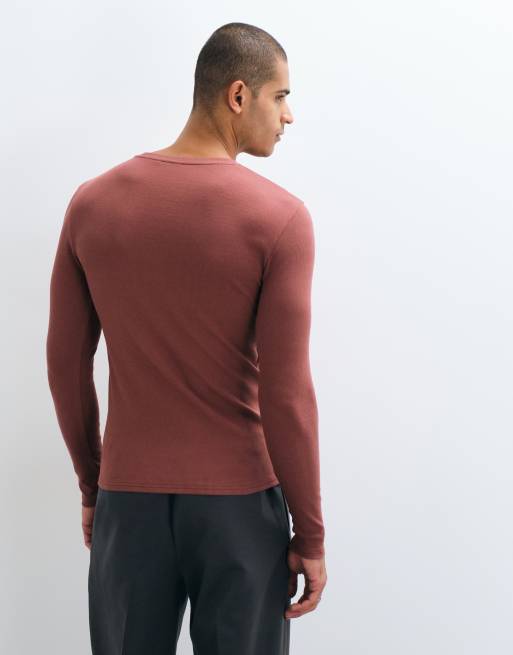ASOS DESIGN muscle fit long sleeve t-shirt in brown rib, 3 of 5