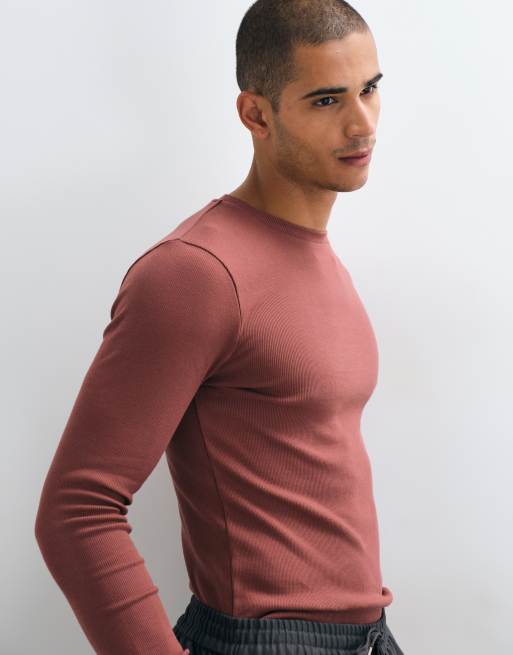 ASOS DESIGN muscle fit long sleeve t-shirt in brown rib, 5 of 5