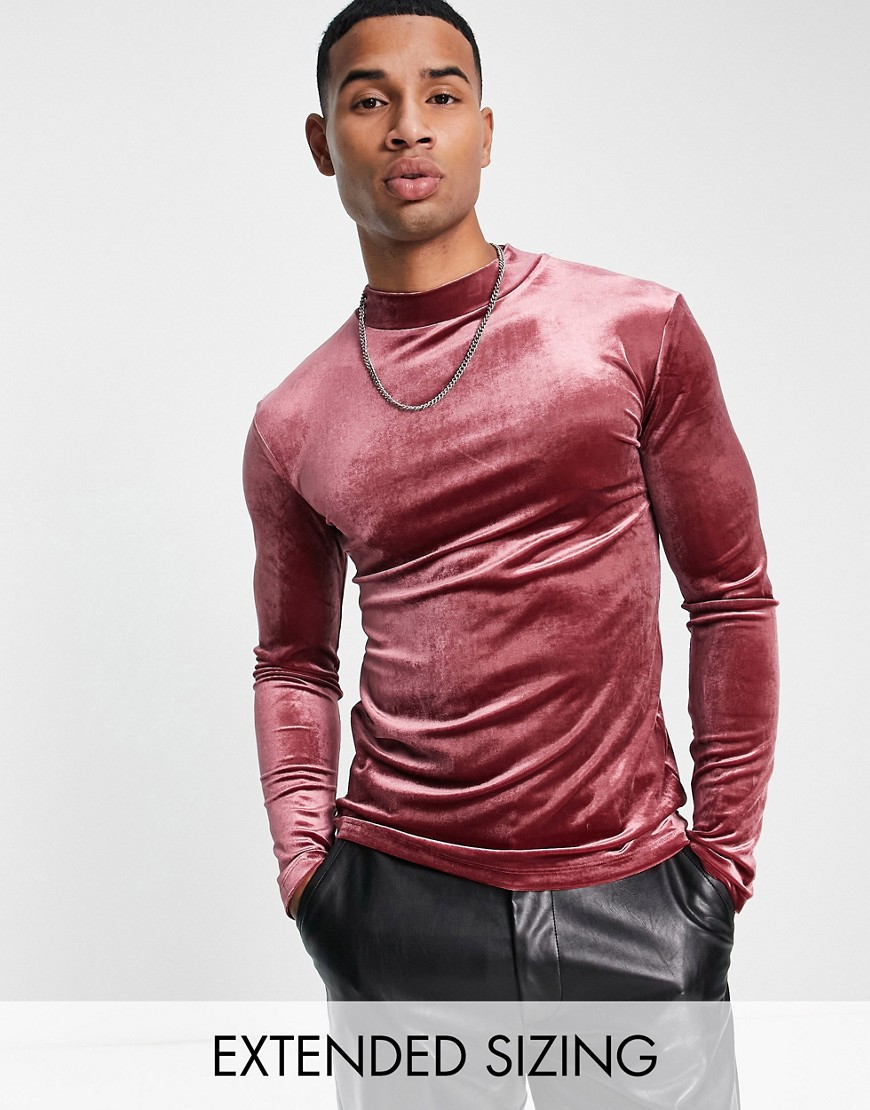 ASOS DESIGN muscle fit long sleeve t-shirt in burgundy velour with turtle neck-Red