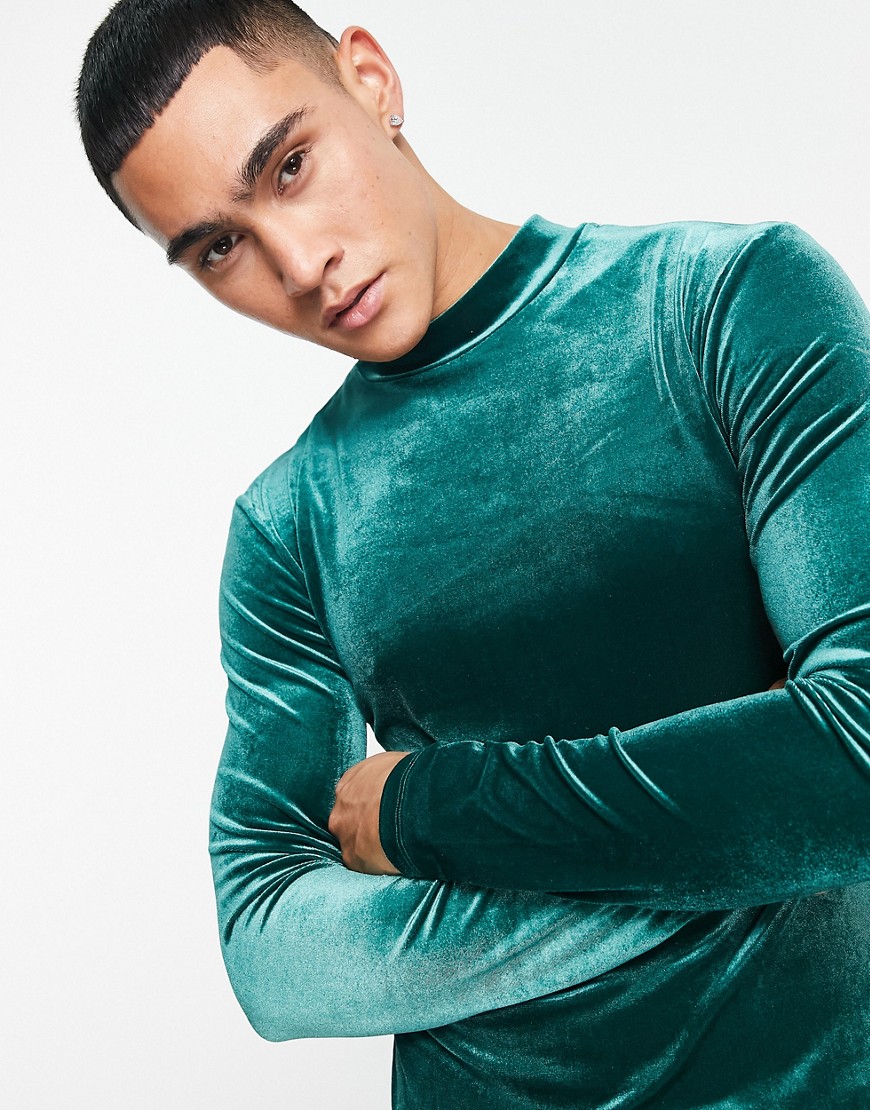 ASOS DESIGN muscle fit long sleeve t-shirt in dark green velour with turtle neck