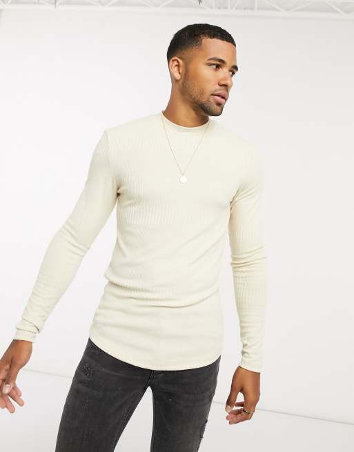 ASOS DESIGN muscle fit long sleeve t-shirt in fancy rib in beige
