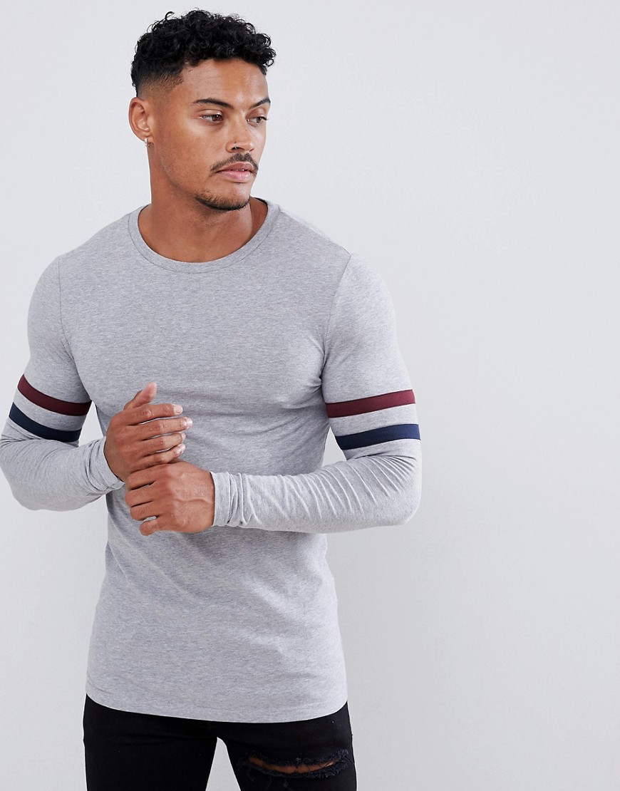 ASOS DESIGN muscle fit long sleeve t-shirt in gray heather organic cotton with sleeve stripe-Grey
