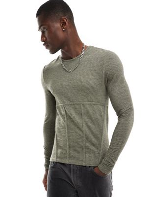 ASOS DESIGN muscle fit long sleeve t-shirt in khaki texture with seam detail