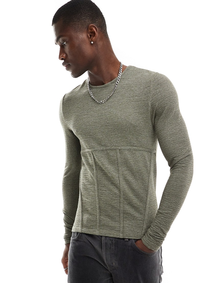 ASOS DESIGN muscle fit long sleeve t-shirt in khaki texture with seam detail-Green