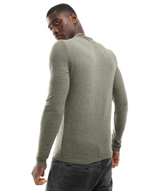 ASOS DESIGN muscle fit long sleeve T shirt in khaki texture with seam detail