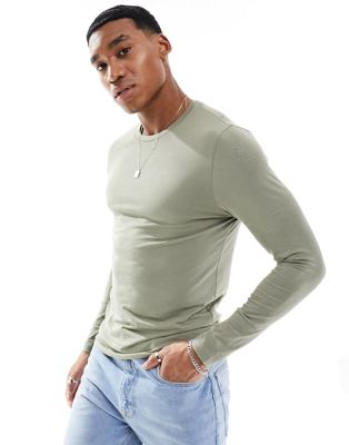 ASOS DESIGN muscle fit long sleeve t-shirt in khaki-Green