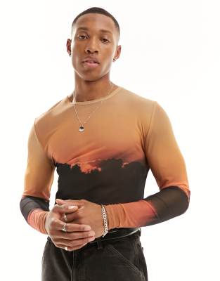 ASOS DESIGN ASOS DESIGN muscle fit long sleeve t-shirt in mesh print-Multi