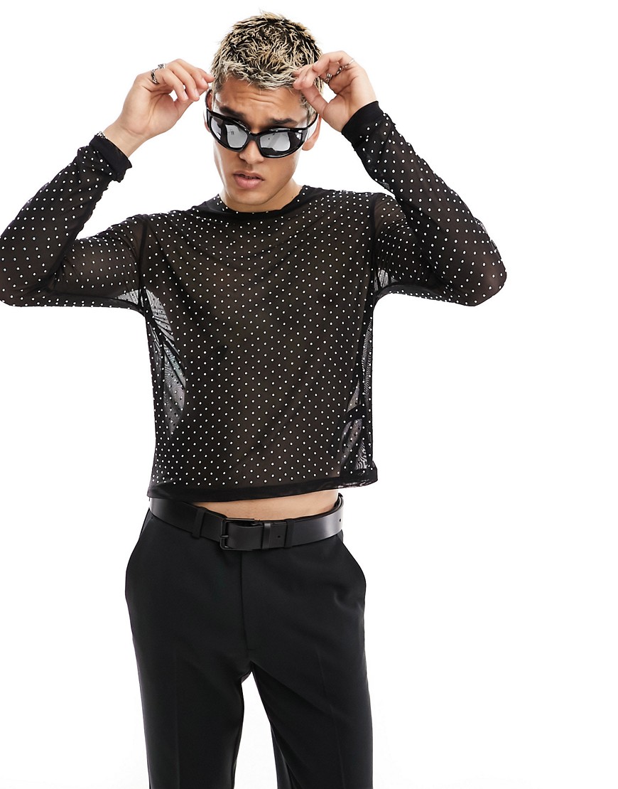 ASOS DESIGN muscle fit long sleeve t-shirt in mesh with rhinestones-Black