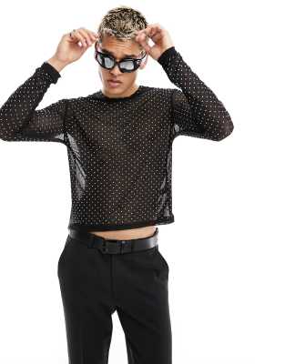 Rhinestone mesh crew-neck top Black