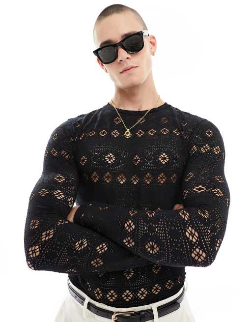 ASOS DESIGN muscle fit long sleeve t-shirt in open fabric crochet
