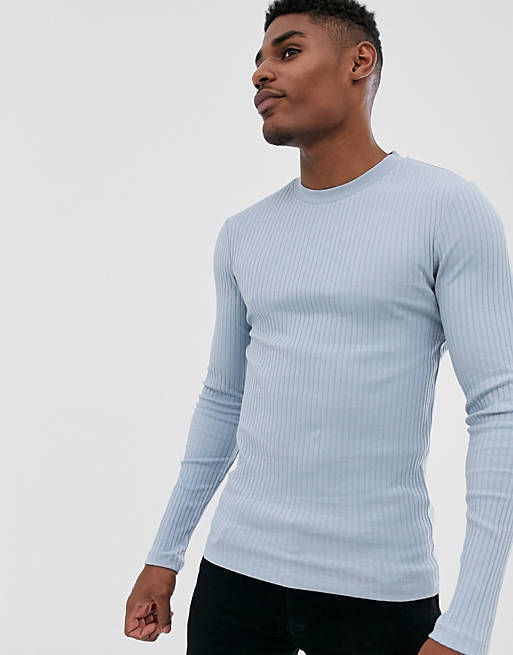 ASOS DESIGN muscle fit long sleeve t-shirt in rib in blue | ASOS