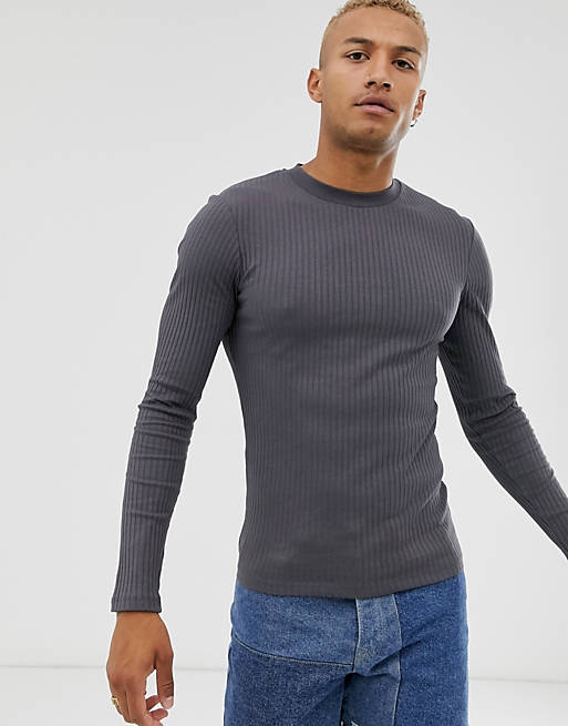 ASOS DESIGN muscle fit long sleeve t-shirt in rib in washed black | ASOS