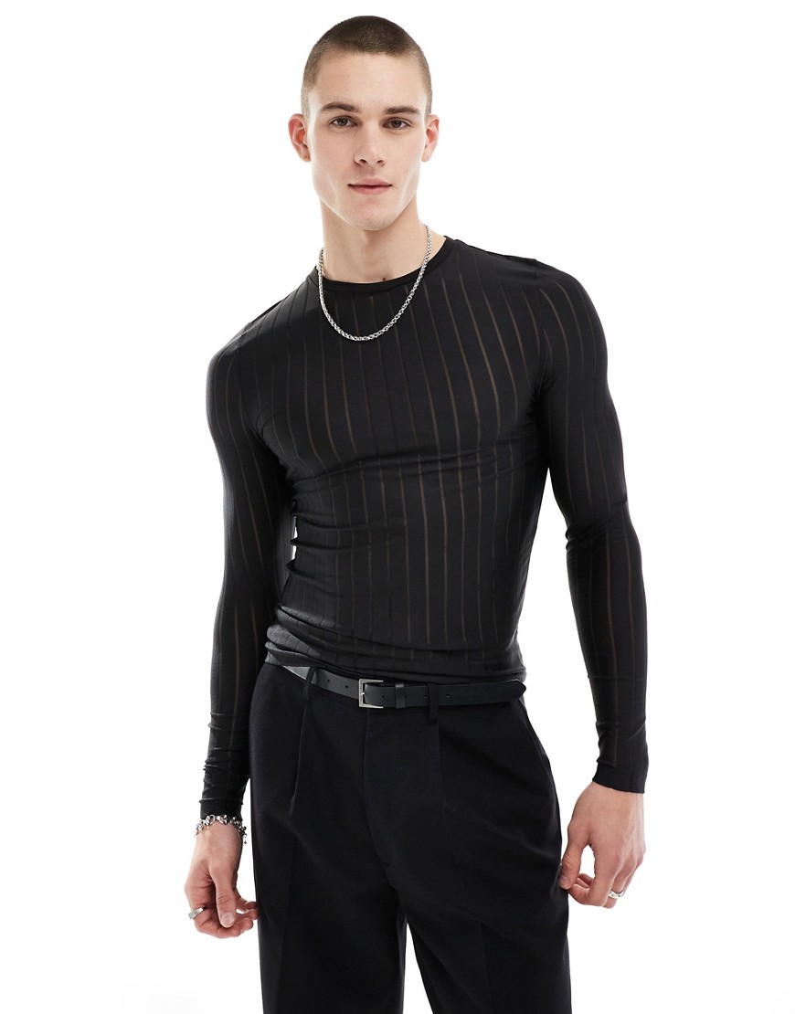 ASOS DESIGN muscle fit long sleeve t-shirt in striped mesh-Black
