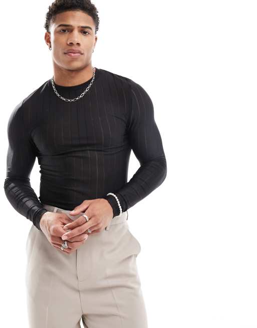 ASOS DESIGN muscle fit long sleeve mesh T-shirt in black