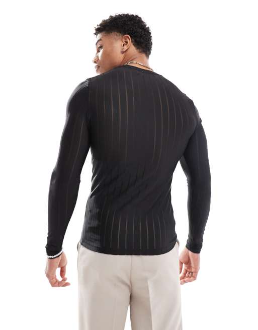ASOS DESIGN muscle fit long sleeve t shirt in striped mesh