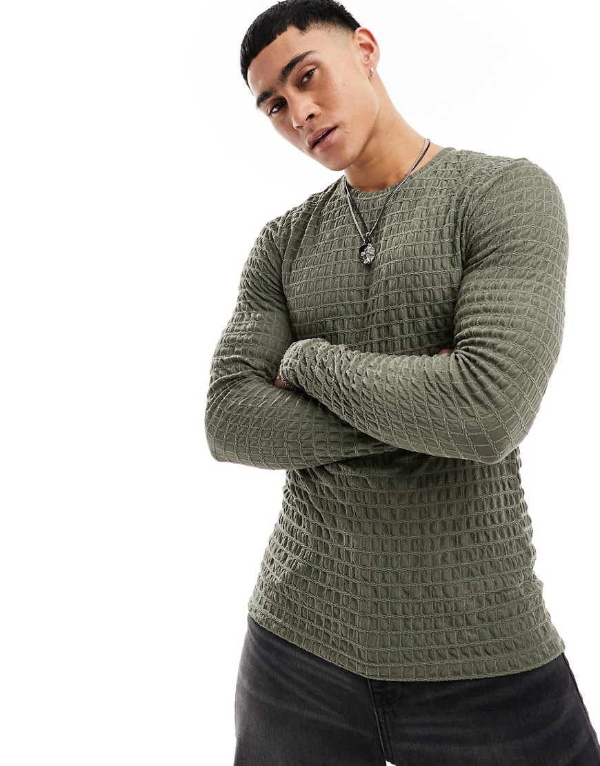 ASOS DESIGN muscle fit long sleeve t-shirt in textured khaki-Green