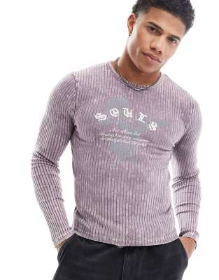 ASOS DESIGN muscle fit long sleeve t-shirt in washed purple rib with grunge front print-Green