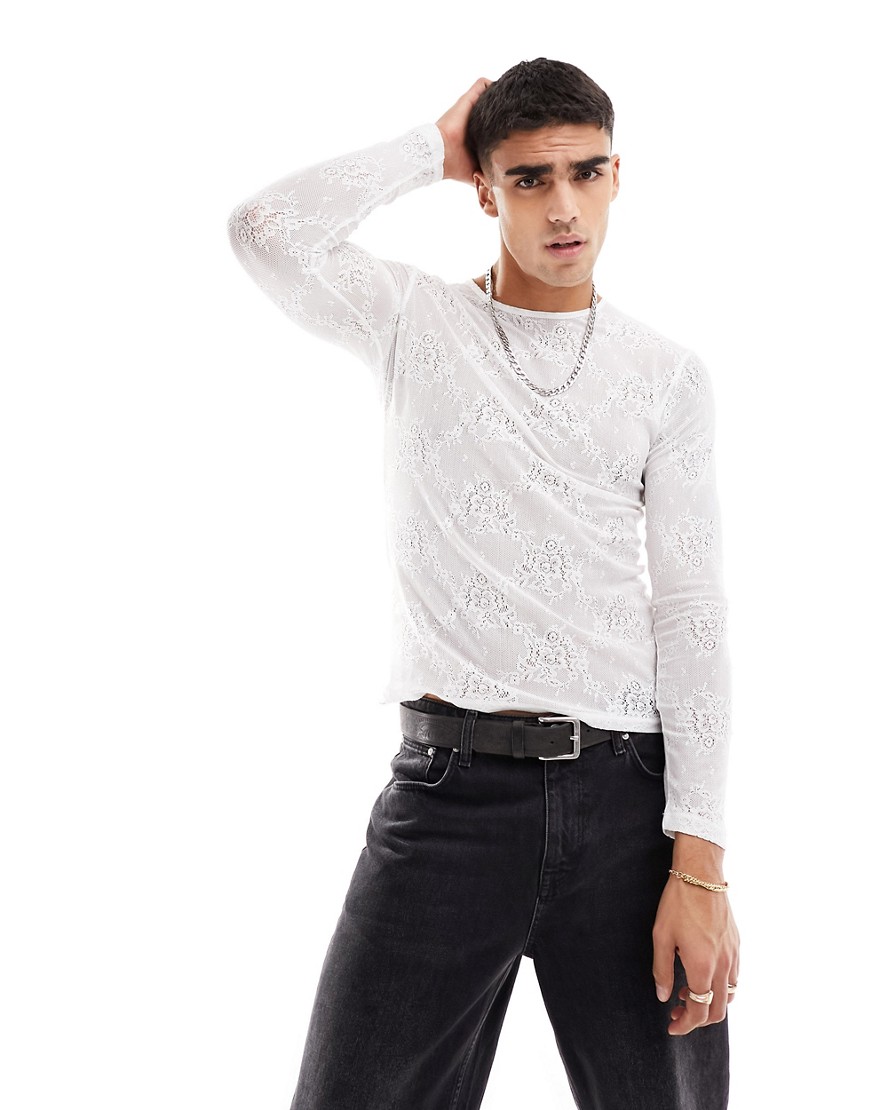 ASOS DESIGN muscle fit long sleeve t-shirt in white lace