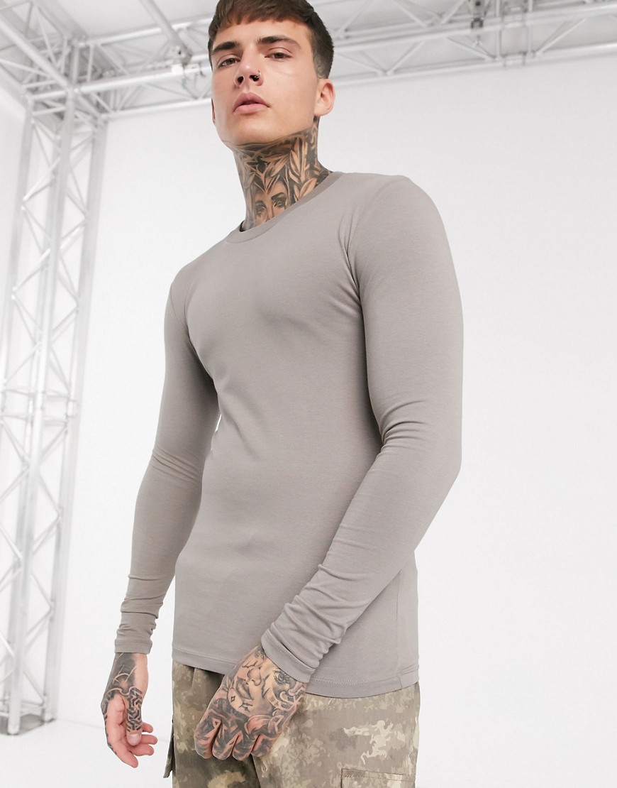 ASOS DESIGN muscle fit long sleeve t-shirt with crew neck in beige