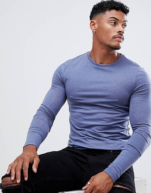 ASOS DESIGN muscle fit long sleeve t-shirt with crew neck in blue | ASOS