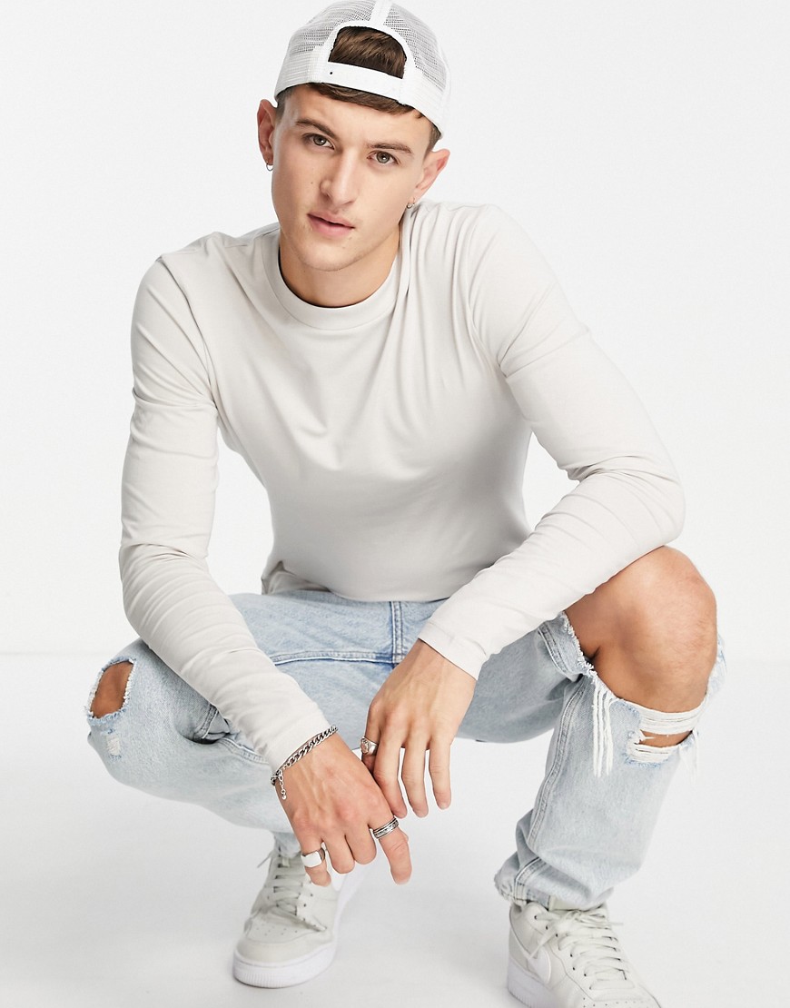 ASOS DESIGN muscle fit long sleeve t-shirt with crew neck in cream-White