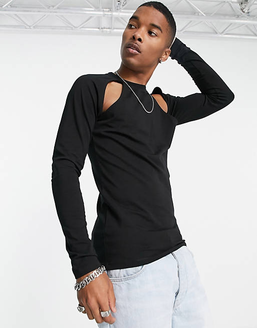 ASOS DESIGN muscle fit long sleeve t-shirt with cut out detail in black